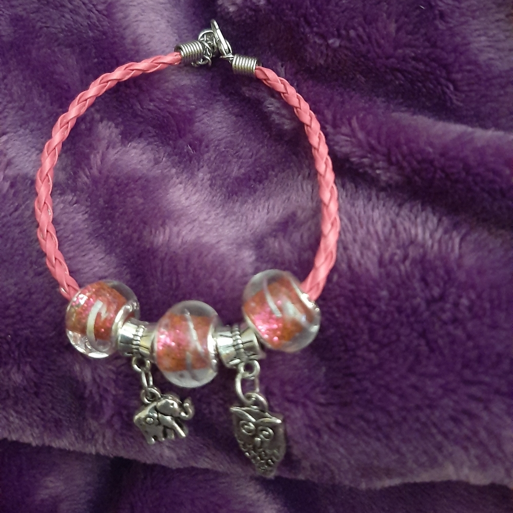 Pink leather twisted bracelet or anklet adjustable